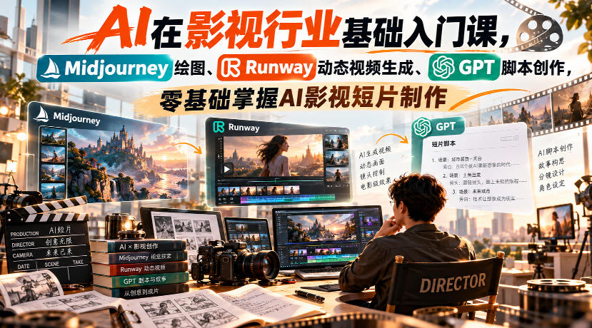 【无水印】AI在影视行业基础入门课，Midjourney绘图、Runway动态视频生成、GPT脚本创作，零基础掌握AI影视短片制作-52项目站