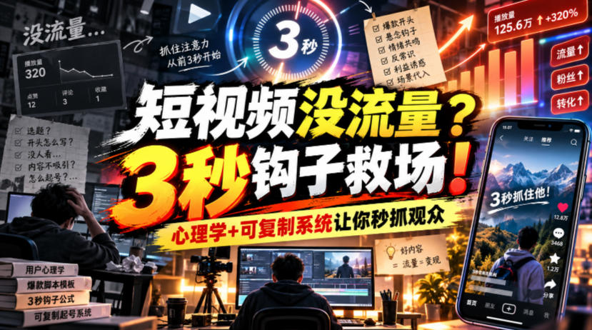 【无水印】短视频没流量？3秒钩子救场！心理学+可复制系统让你秒抓观众【原创双语字幕】-52项目站