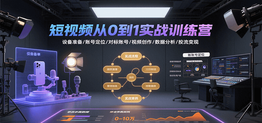短视频从0到1实战训练营:设备准备/账号定位/对标账号/视频创作/数据分析/投流变现-52项目站