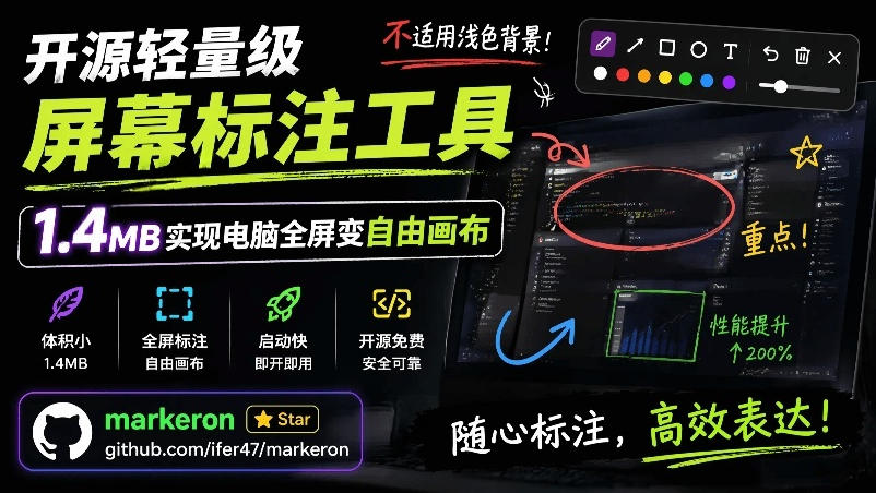 开源轻量级屏幕标注工具,1.4MB实现电脑全屏变自由画布!支持8种标注工具和全键盘操控MarkerOn-52项目站