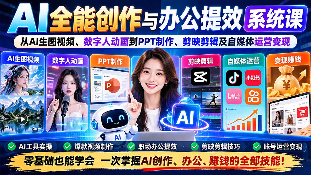 AI全能创作与办公提效系统课:从AI生图视频、数字人动画到PPT制作、剪映剪辑及自媒体运营变现-52项目站