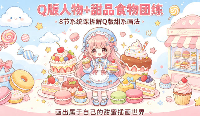 Q版人物+甜品食物团练，8节系统课拆解Q版甜系画法，画出属于自己的甜蜜插画世界-52项目站