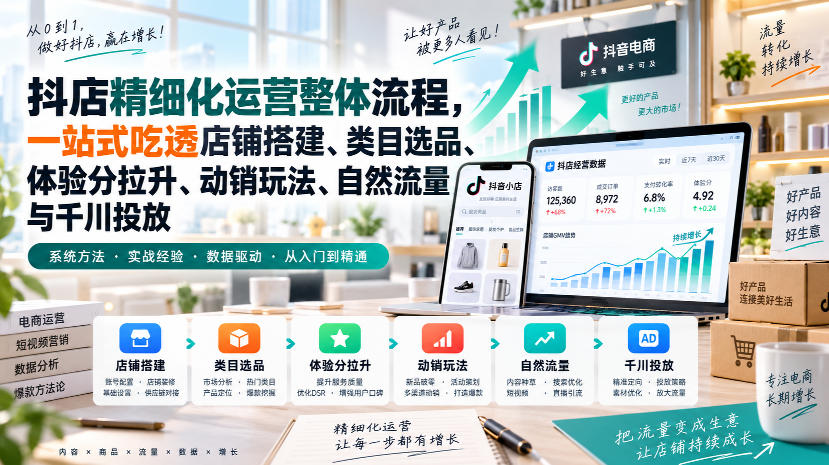 李哥电商-抖店精细化运营整体流程,一站式吃透店铺搭建、类目选品、体验分拉升、动销玩法、自然流量与千川投放-52项目站