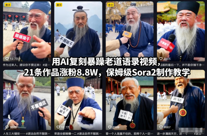用AI复刻暴躁老道语录视频,21条作品涨粉8.8W,保姆级Sora2制作教学-52项目站