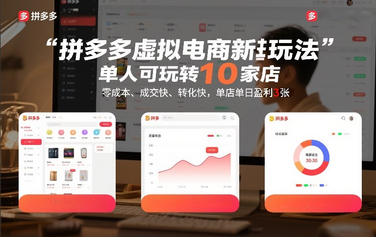 拼多多虚拟电商新玩法，单人可玩转10家店，零成本、成交快、转化快，单店单日盈利3张【揭秘】-52项目站