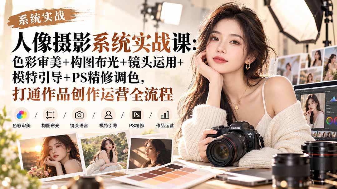 【无水印】人像摄影系统实战课：色彩审美+构图布光+镜头运用+模特引导+PS精修调色，打通作品创作运营全流程-52项目站