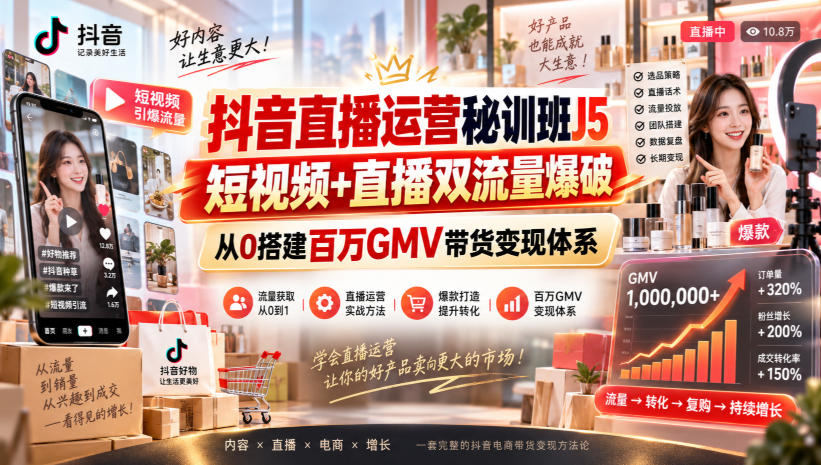 抖音直播运营秘训班J5|短视频+直播双流量爆破,从0搭建百万GMV带货变现体系-52项目站