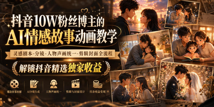 抖音10W粉丝博主的AI情感故事动画教学，灵感剧本‑分镜‑人物声画统一‑剪辑封面全流程，解锁抖音精选独家收益-52项目站