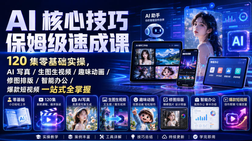 AI核心技巧保姆级速成课｜120集零基础实操，AI写真/生图生视频/趣味动画/修图排版/智能办公/爆款短视频一站式全掌握-52项目站