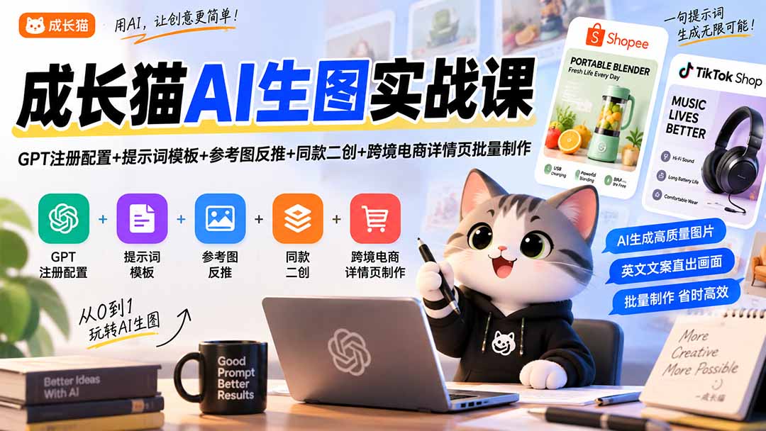 成长猫AI生图实战课｜GPT注册配置+提示词模板+参考图反推+同款二创+跨境电商详情页批量制作-52项目站