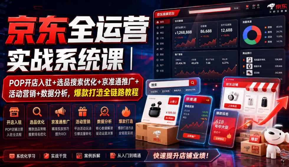 京东全运营实战系统课｜POP开店入驻+选品搜索优化+京准通推广+活动营销+数据分析，爆款打造全链路教程-52项目站