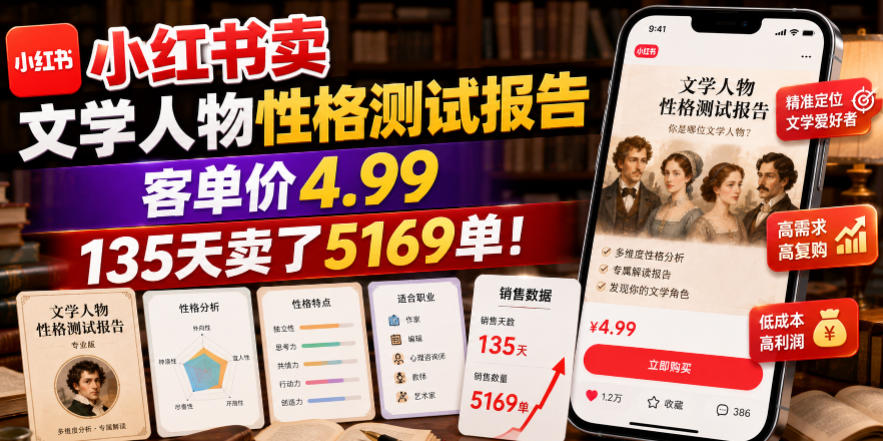 小红书卖文学人物性格测试报告，客单价4.99，135天卖了5169单！-52项目站