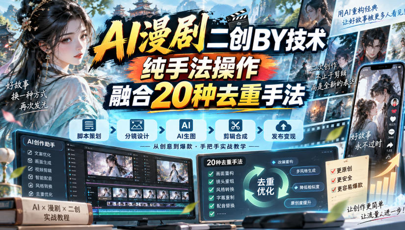 AI漫剧二创搬运技术，纯手法操作，融合20种去重手法-52项目站