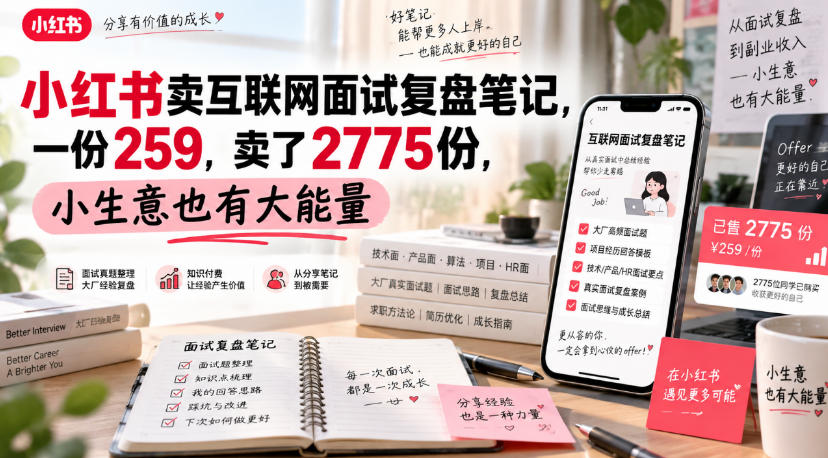 小红书卖互联网面试复盘笔记，一份259，卖了2775份，小生意也有大能量-52项目站