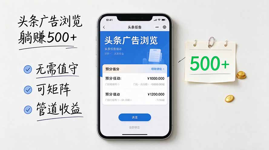 头条广告浏览躺赚500+无需值守,可矩阵并附有管道收益-52项目站