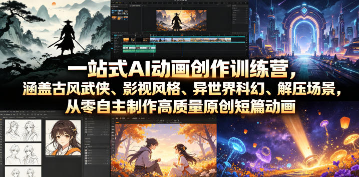 一站式AI动画创作训练营,涵盖古风武侠、影视风格、异世界科幻、解压场景,从零自主制作高质量原创短篇动画-52项目站