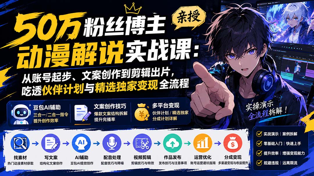 50万粉丝博主亲授动漫解说实战课：从账号起步、文案创作到剪辑出片，吃透伙伴计划与精选独家变现全流程-52项目站
