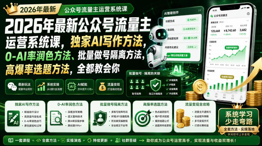 2026年最新公众号流量主运营系统课，独家AI写作方法，0-AI率润色方法、批量做号隔离方法、高爆率选题方法，全都教会你-52项目站