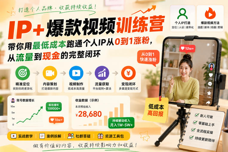 IP+爆款视频训练营，带你用最低成本跑通个人IP从0到1涨粉，从流量到现金的完整闭环-52项目站