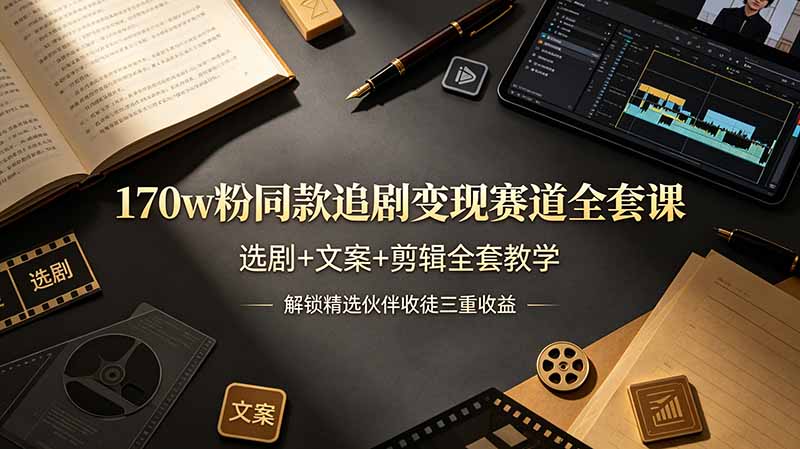 170w粉博主同款追剧变现赛道全套课，选剧+文案+剪辑全套教学，解锁精选伙伴收徒三重收益-52项目站