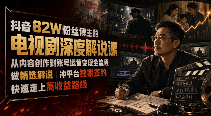 抖音82W粉丝博主的电视剧深度解说课，从内容创作到账号运营变现全流程，做精选解说，冲平台独家签约，快速走上高收益路线-52项目站