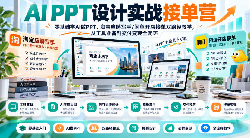 AI PPT设计实战接单营|零基础学AI做PPT,淘宝应聘写手/闲鱼开店接单双路径教学,从工具准备到交付变现全闭环
