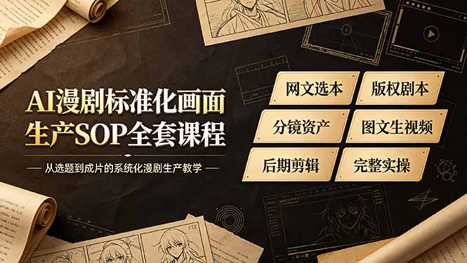 AI漫剧标准化画面生产SOP全套课程,网文选本版权剧本分镜资产全覆盖,图文生视频后期剪辑完整实操教学-52项目站