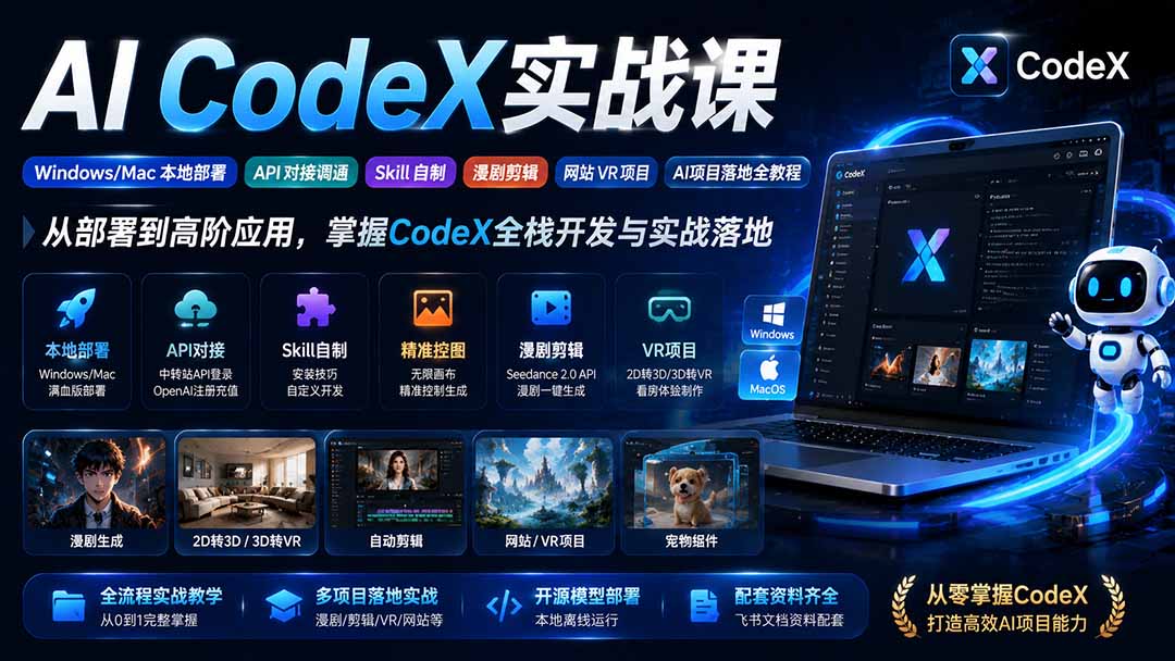 AI  CodeX实战课｜Windows/Mac 本地部署｜API 对接调通｜Skill 自制｜漫剧剪辑｜网站 VR 项目｜AI项目落地全教程-52项目站