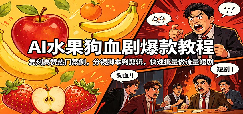AI水果狗血剧爆款教程：复刻高赞热门案例，分镜脚本到剪辑，快速批量做流量短剧-52项目站
