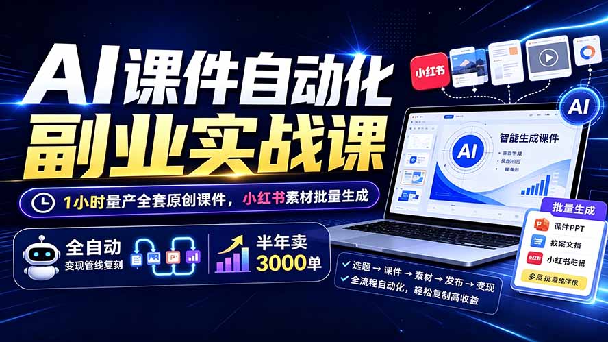 AI课件自动化副业实战课：1小时量产全套原创课件×小红书素材批量生成×全自动变现管线×半年卖3000单-52项目站