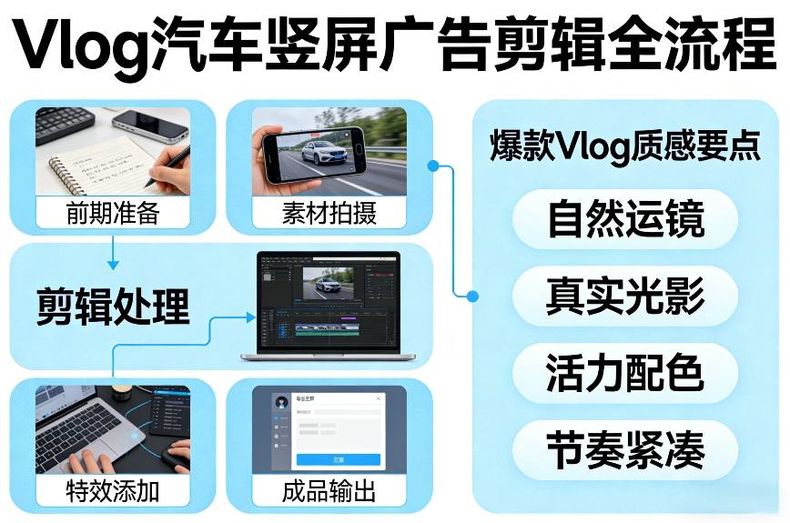 Vlog感觉汽车竖屏广告剪辑脚本全流程，拿捏爆款Vlog质感-52项目站