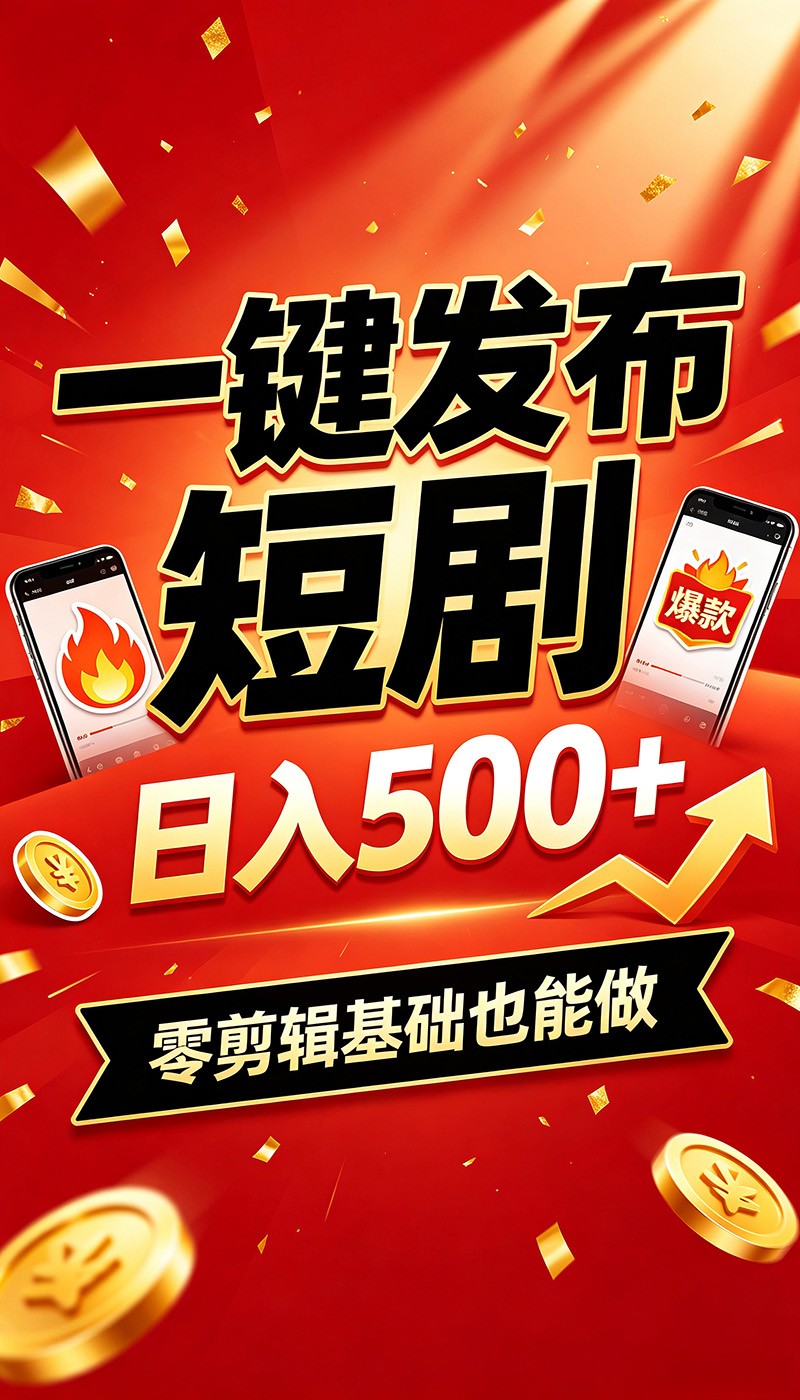 快手短剧一键发布，不用剪辑操作简单，副业日入500+。空闲时间轻松赚收益-52项目站