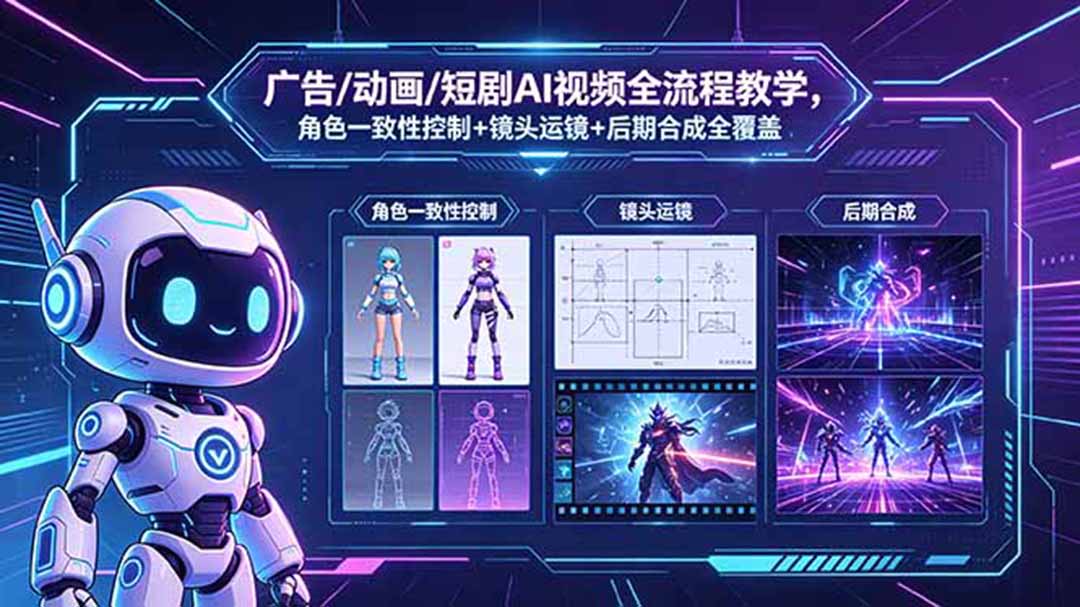 广告/动画/短剧AI视频全流程教学，角色一致性控制+镜头运镜+后期合成全覆盖-52项目站