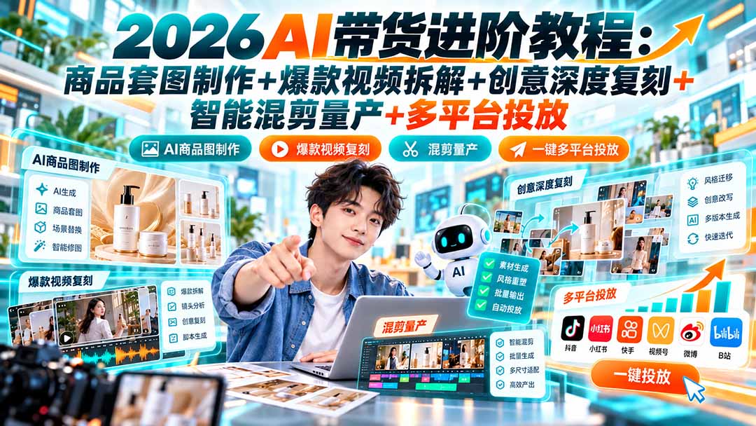 2026AI带货进阶教程:商品套图制作+爆款视频拆解+创意深度复刻+智能混剪量产+多平台投放-52项目站