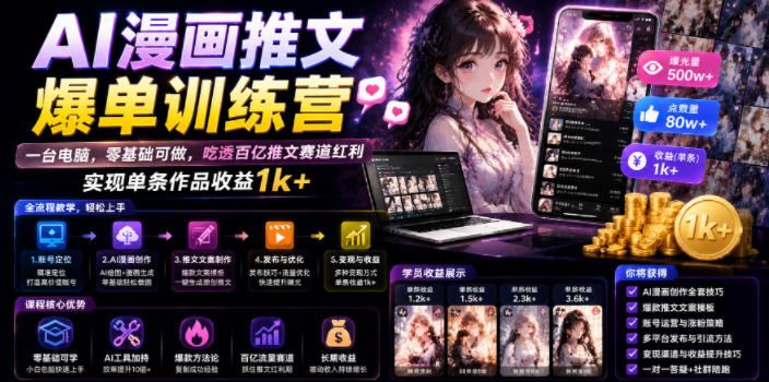 AI漫画推文爆单训练营，一台电脑，零基础可做，吃透百亿推文赛道红利，实现单条作品收益1k+-52项目站