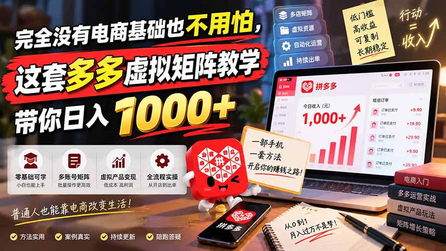 完全没有电商基础也不用怕,这套多多虚拟矩阵教学带你日入 1000+-52项目站