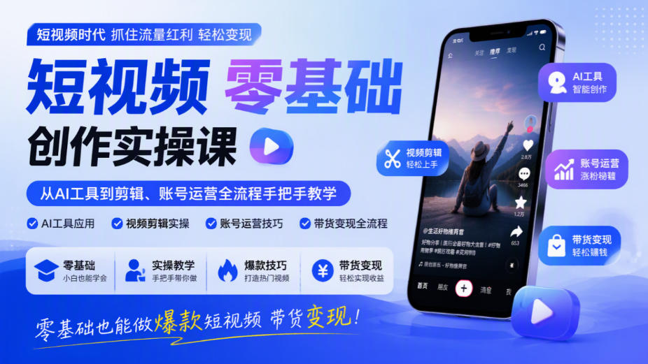 短视频零基础创作实操课,从AI工具到剪辑、账号运营全流程手把手教学,零基础也能做爆款短视频带货变现-52项目站