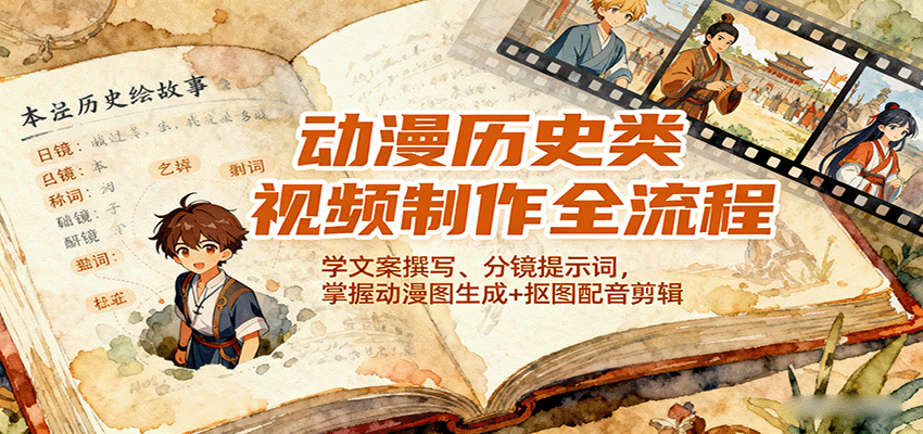 动漫历史类视频制作全流程，学文案撰写、分镜提示词，掌握动漫图生成+抠图配音剪辑-52项目站
