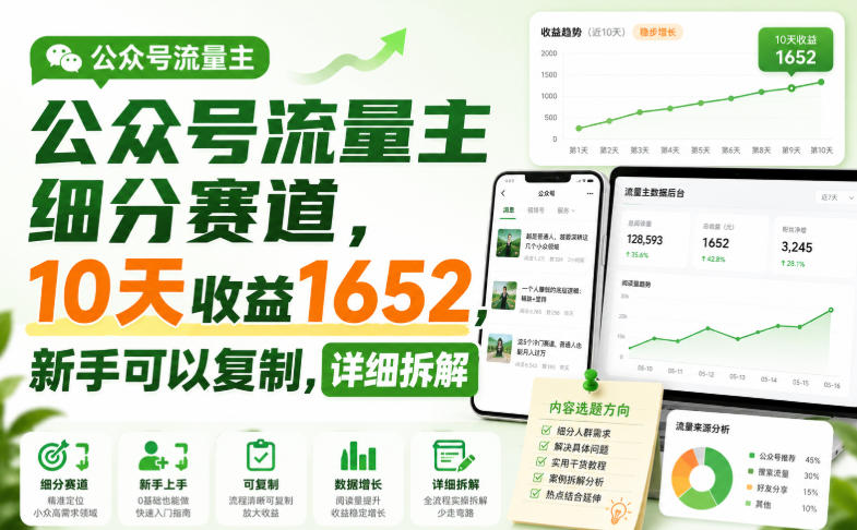 公众号流量主细分赛道，10天收益1652，新手可以复制，详细拆解-52项目站