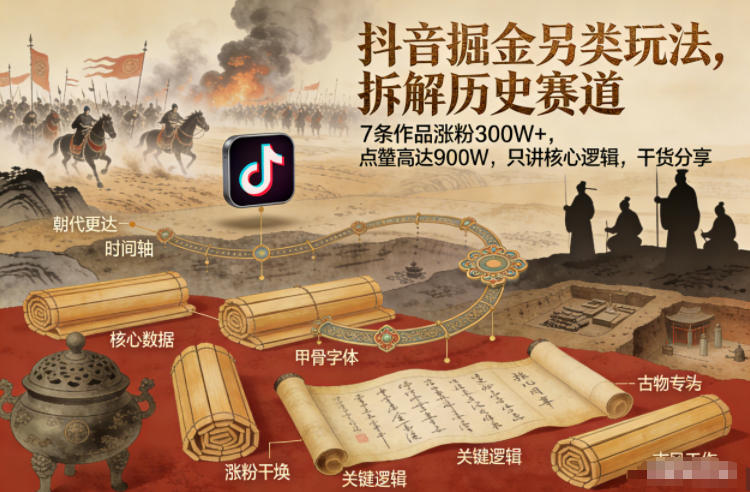 抖音掘金另类玩法,拆解历史赛道,7条作品涨粉300W+,点赞量高达900W,只讲核心逻辑,干货分享-52项目站