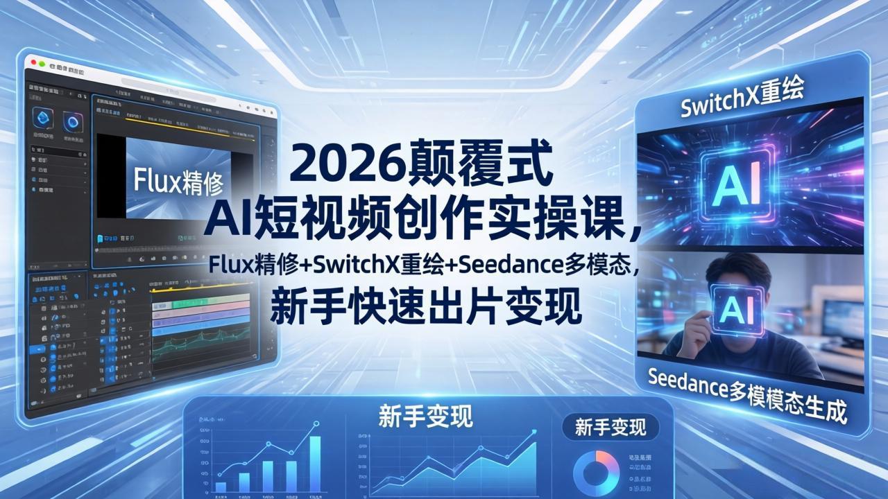 2026颠覆式 AI短视频创作课-5月更新，Flux精修+SwitchX重绘+Seedance多模态，新手快速出片变现-52项目站