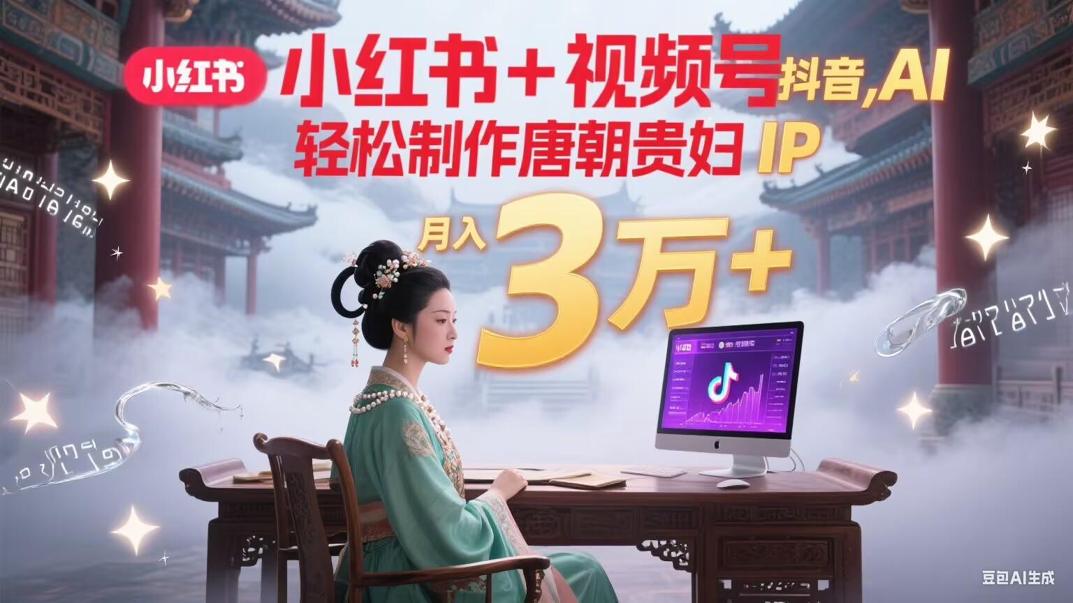 小红书+视频号+抖音，AI轻松制作唐朝贵妇IP，毒鸡汤、励志、减肥瘦身、养生赛道轻松切入，每天30分钟，轻松产出N条，月入3万+-52项目站