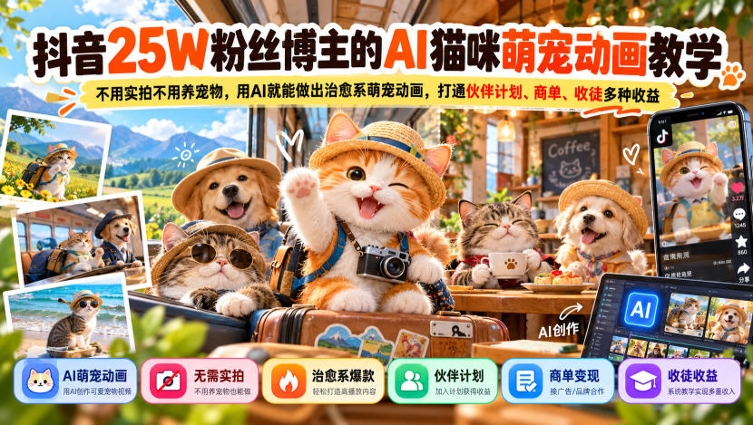 抖音25W粉丝博主的AI猫咪萌宠动画教学，不用实拍不用养宠物，用AI就能做出治愈系萌宠动画，打通伙伴计划、商单、收徒多种收益-52项目站