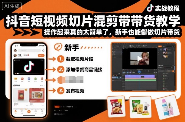 抖音短视频切片混剪带货教学，操作起来真的太简单了，新手也能做切片带货-52项目站