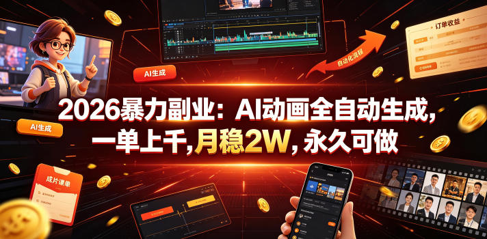 2026暴力副业：AI动画全自动生成，一单上千，月稳2W，永久可做【揭秘】-52项目站