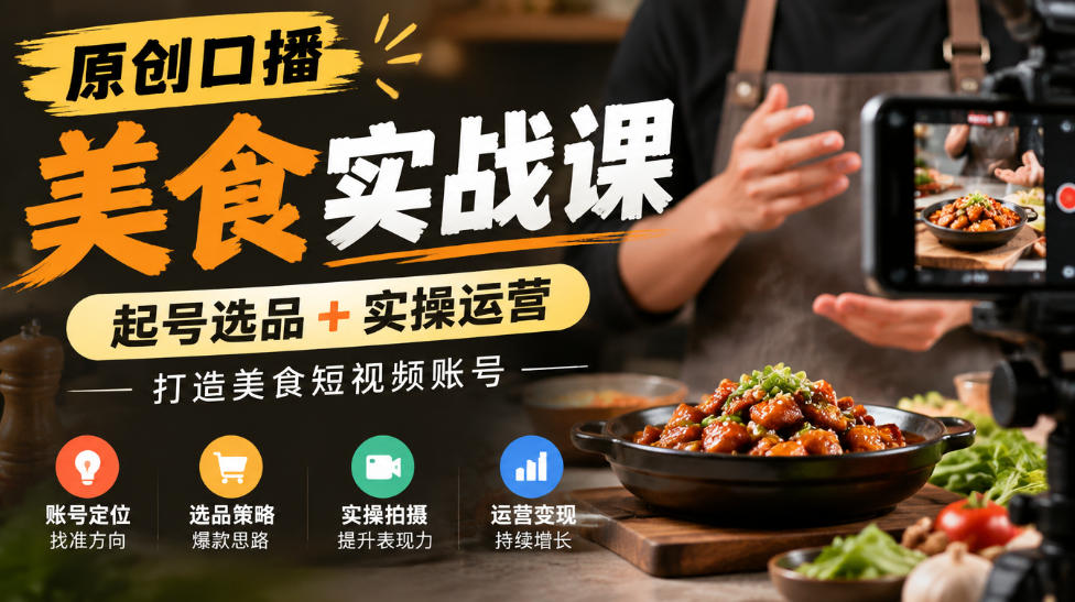 原创口播美食实战课，起号选品+实操运营，打造美食短视频账号-52项目站