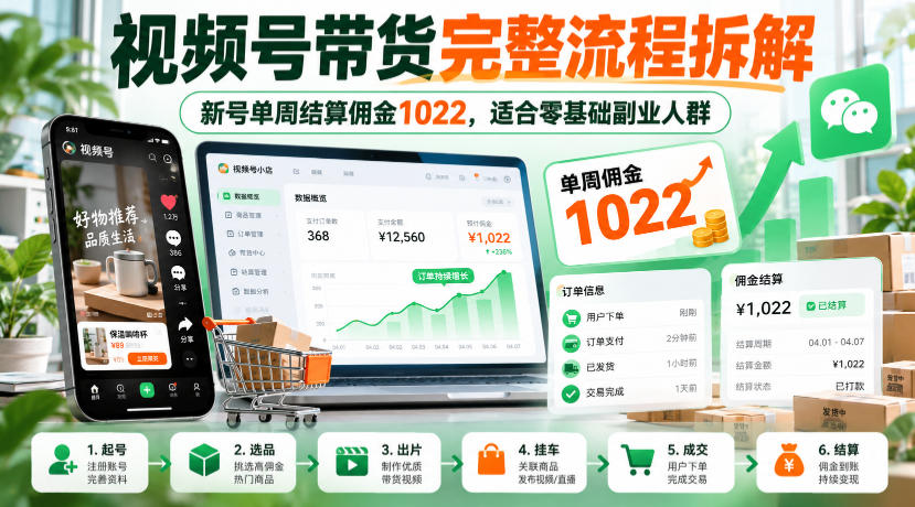 视频号带货完整流程拆解，新号单周结算佣金1022，适合零基础副业人群-52项目站