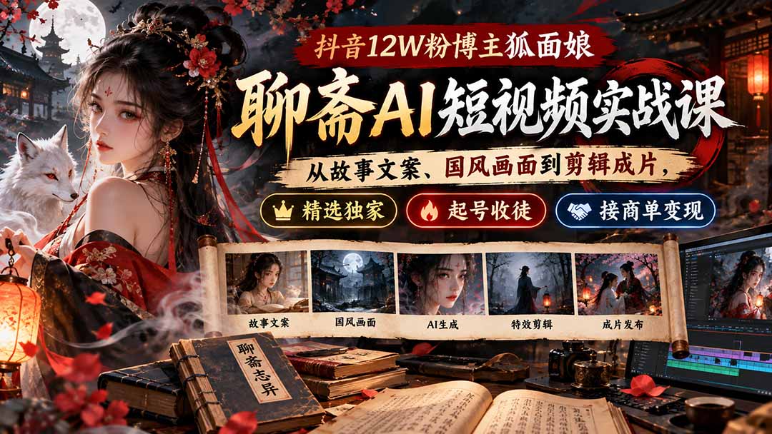 抖音12W粉博主狐面娘-聊斋AI短视频实战课：从故事文案、国风画面到剪辑成片，精选独家+起号收徒+接商单变现-52项目站