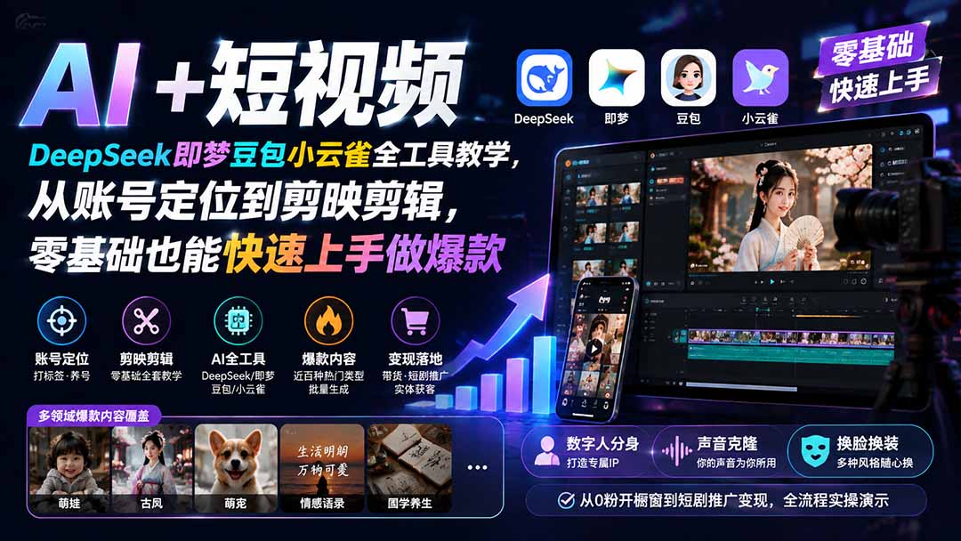 AI+短视频|DeepSeek即梦豆包小云雀全工具教学,从账号定位到剪映剪辑,零基础也能快速上手做爆款-52项目站