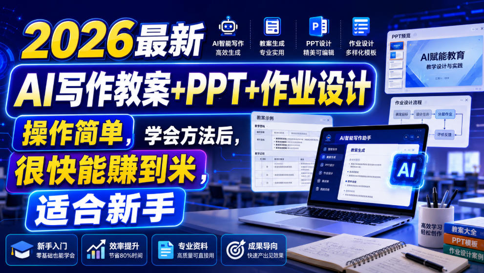 2026最新AI写作教案+PPT+作业设计，操作简单，学会方法后，很快能賺到米，适合新手-52项目站